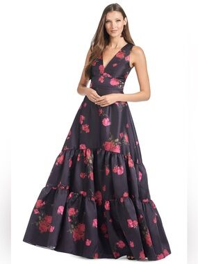 SACHIN & BABI Rori Floral Tiered Sleeveless Gown Malbec Purple Tea Blooms 10